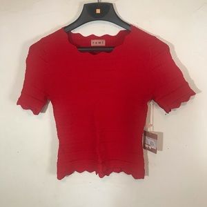 Rumi Red Textured Scalloped Hem Stretchy Short Sleeve Top